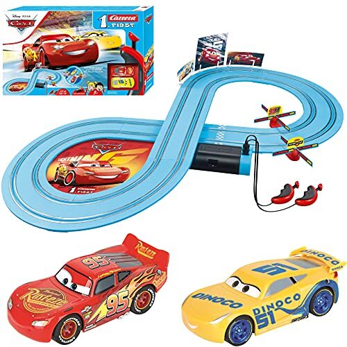 Carrera First Disney/Pixar Cars – Slot Car Race Track – Includes 2 Cars: Lightning McQueen and Dinoco Cruz – Battery-Powered Beginner Racing Set for Kids Ages 3 Years and Up