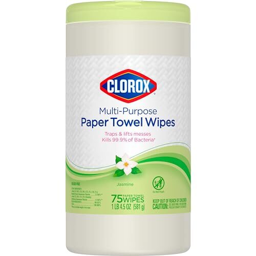 Clorox Multi-Purpose Paper Towel Wipes, Trap and Lift Messes Like a Paper Towel and Kills 99.9% of Bacteria*, Sanitizing Wipes, Jasmine Scent – 75 Wipes