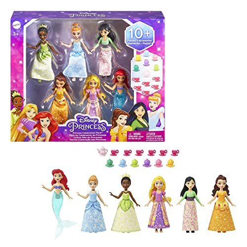 Mattel Disney Princess Toys, 6 Posable Small Dolls with Sparkling Clothing and 13 Tea Party Accessories Inspired by Disney Movies